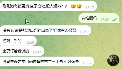 #网友反馈：刚刚港岛被警察 查了

应该是那边出码的客户