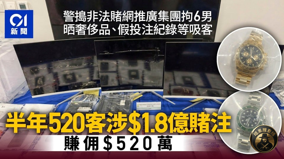 香港警方捣非法赌博推广集团拘6男,半年吸520客涉$1.8亿 香港警方捣非法赌博推广集团拘6男,半年吸520客涉$1.8亿