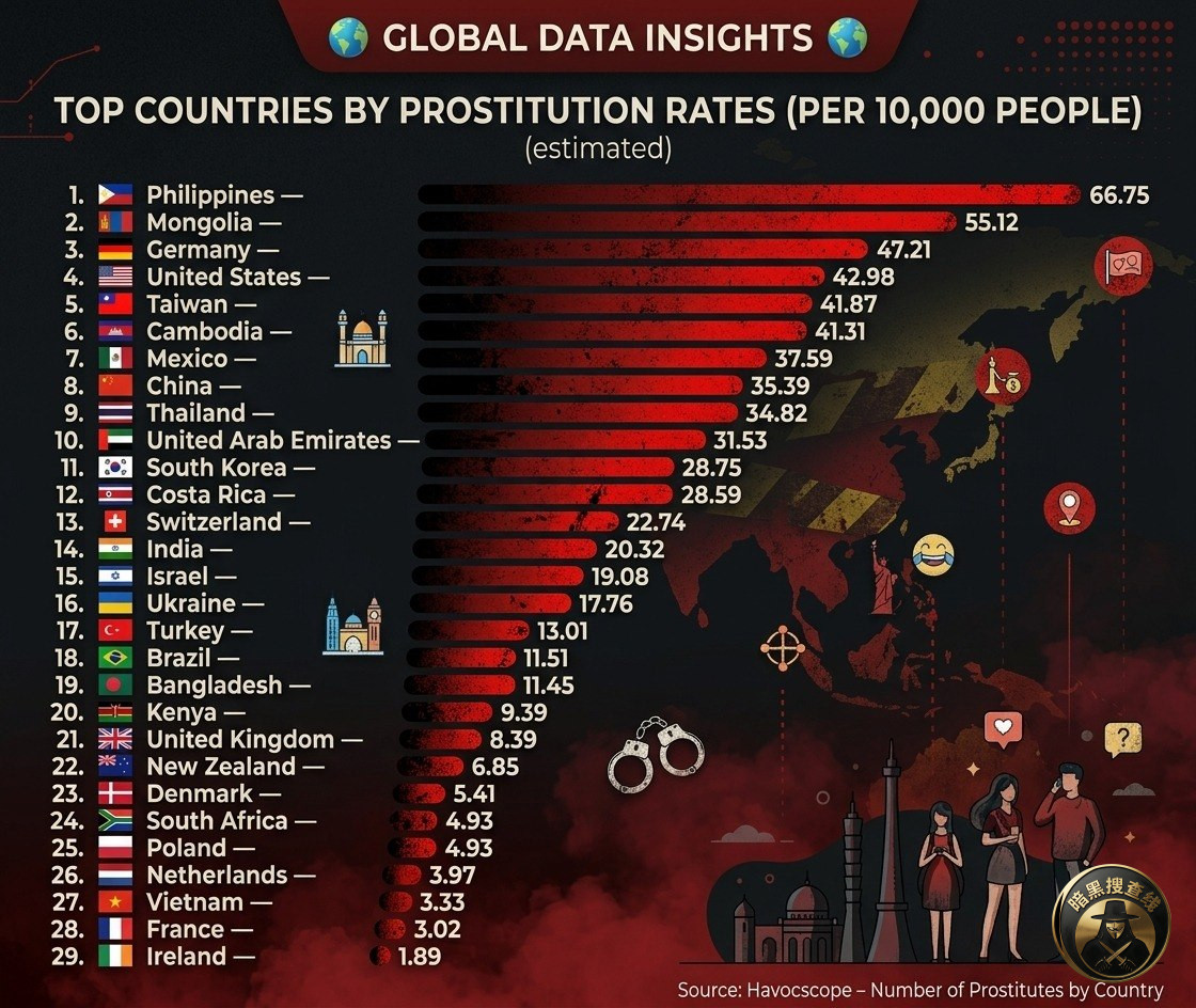 #卖淫率最高的国家 🌍📈

1. 🇵🇭 菲律宾 — 66