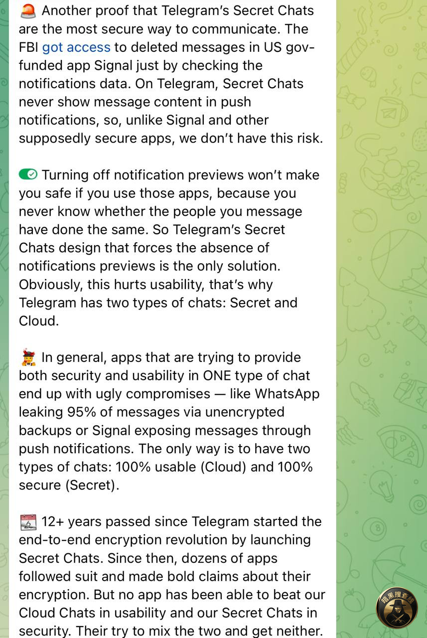 Telegram创始人回应：关于FBI获取Telegram聊