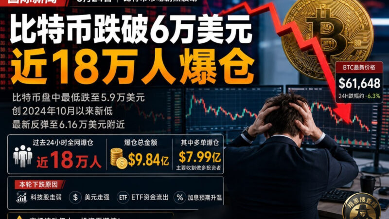 #国际资讯 比特币跌破6万美元 近18万人爆仓

6月2
